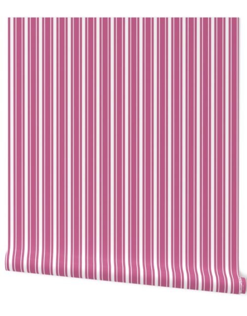 Reversed Peony Pink and White Vertical Mattress Ticking Stripes Wallpaper
