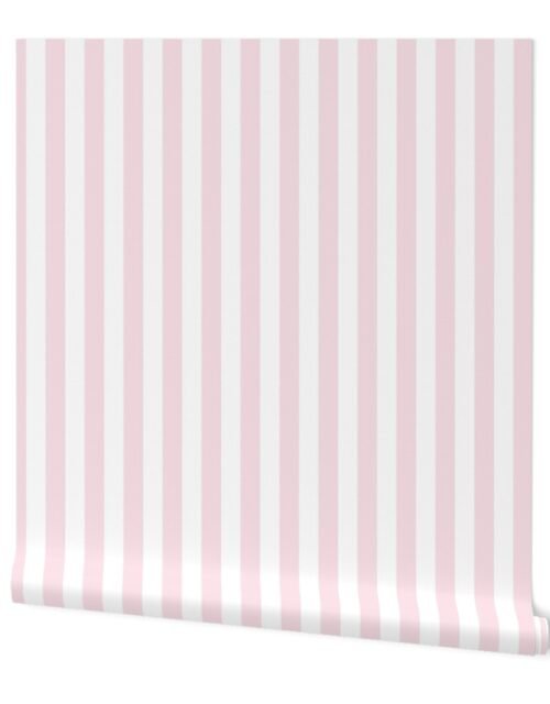 Merry Bright Pastel Pink and White Vertical 1 inch Beach Hut Stripe Wallpaper