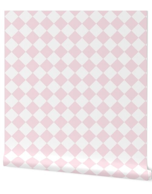 2 inch Diagonal Checkerboard Merry Bright Christmas Harlequin Pattern in Pale Pink and White Diamond Checked Wallpaper