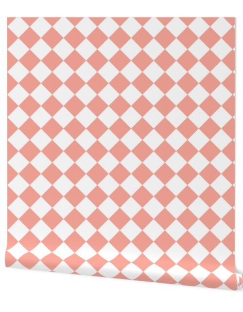 2 inch Diagonal Checkerboard Merry Bright Christmas Harlequin Pattern in Peach and White Diamond Checked Wallpaper