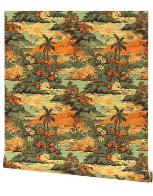 Small Vintage Hawaiian Landscape Green Wallpaper