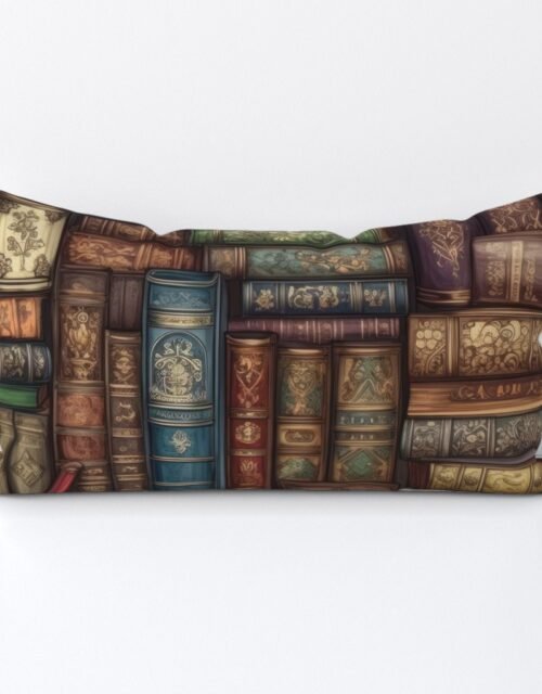 Stacked Bound Vintage Books on Library Book Shelf Lumbar Throw Pillow