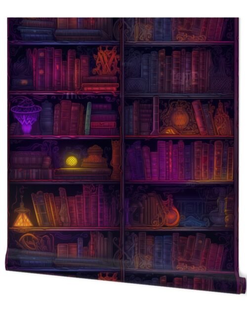 Magician Spooky Neon Halloween Books on Library Spell Book Shelf Wallpaper