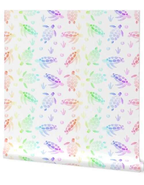 Rainbow Ombre Watercolor Sea Turtle Print Wallpaper