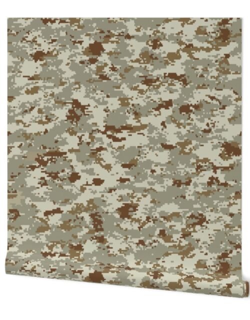 Digital Camouflage in Pixellated Swatches of Kkaki Beige, Desert Sage and Clay Brown Wallpaper