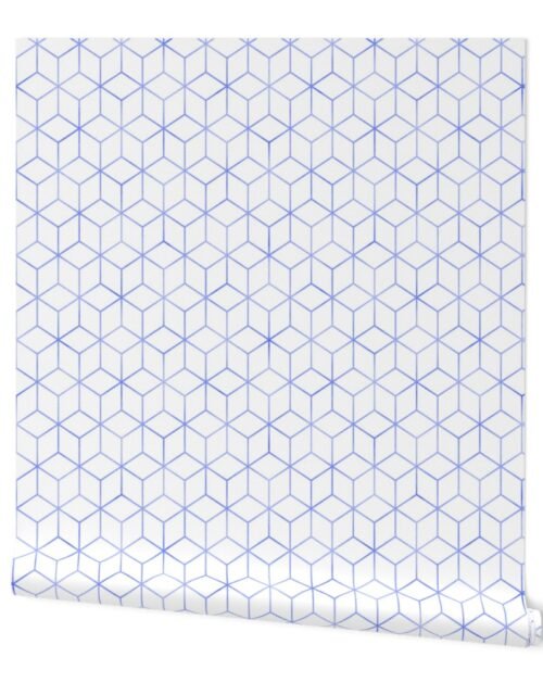 Blue and White  Faux Metallic Silver Art Deco 3D Geometric Cubes Wallpaper