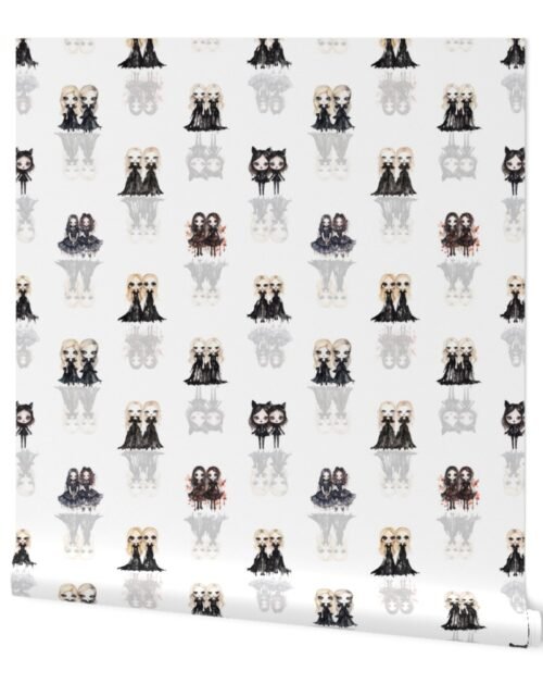 3 inch Big-Eyed Evil Doll Twins in Black with Ghostly Reflection Shadows Wallpaper
