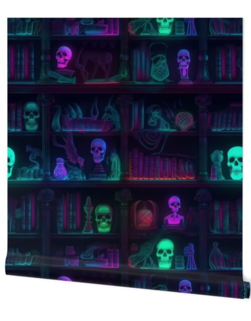 Spooky Photo-realistic Dark Academia Bookshelves in Bright Neons with Glowing Skulls Wallpaper