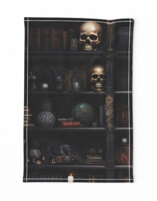Spooky Photo-realistic Dark Academia Bookshelves in Muted Tones with Glowing Candles and Skulls Tea Towel