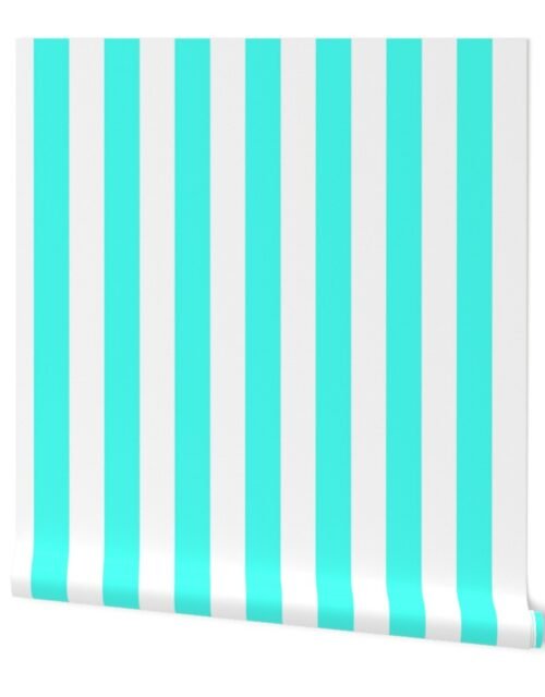 2 inch Wide Vertical South Beach Aqua Blue and White Cabana Stripes Wallpaper