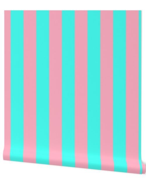 3 inch Wide Vertical Palm Beach Pink and South Beach Aqua Cabana Stripes Wallpaper