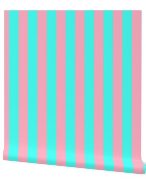 2 inch Wide Vertical Palm Beach Pink and South Beach Aqua Cabana Stripes Wallpaper