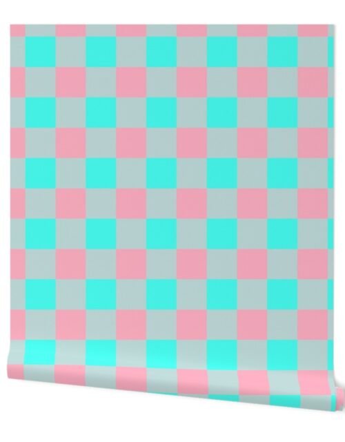 3 inch Gingham Check Squares in Palm Beach Pink and South Beach Aqua Blue Wallpaper