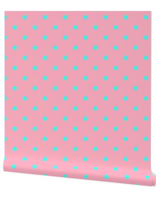 Large Polka Dots in South Beach Aqua Blue on Palm Beach Pink Wallpaper