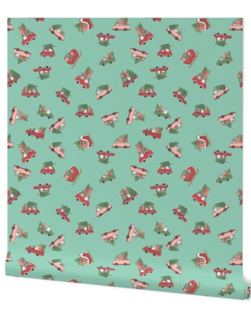 Cats in Christmas Cars and Sleigh Doodles in  Holiday Colors Red and Green on Mint Green Wallpaper