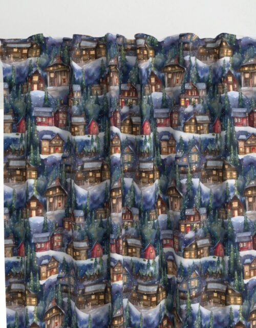 Small Christmas Christmas Rustic Village Winter Cabins Watercolor Curtains