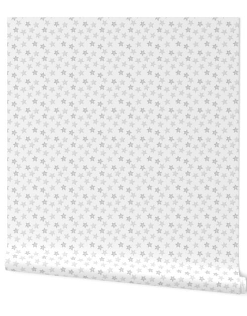 Small Faded Silver Christmas Stars on White Wallpaper