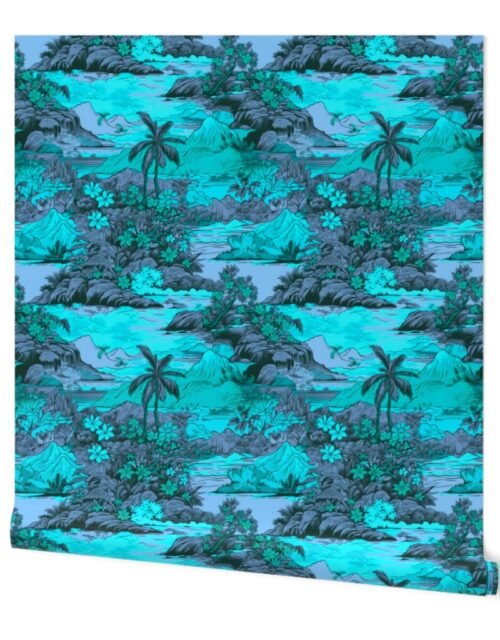 Small Vintage Hawaiian Landscape in Aqua and Violet Wallpaper