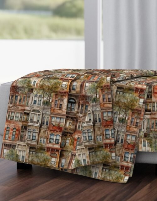 Brownstone Buildings in Varied Tones of Brown Watercolor Throw Blanket