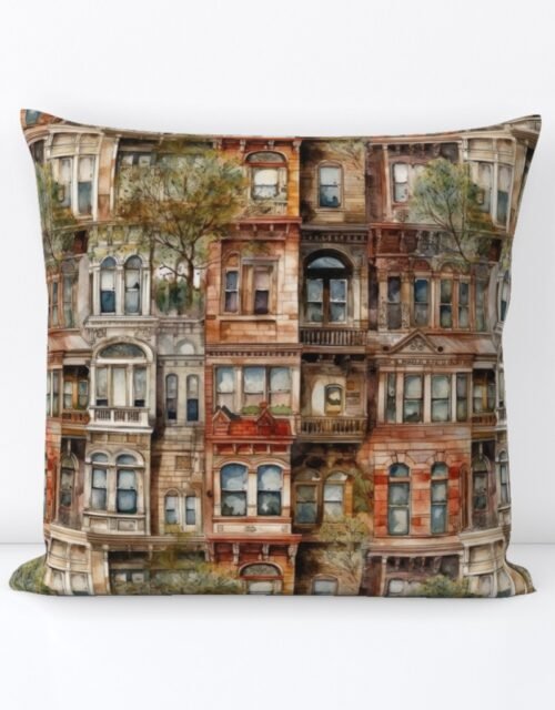 Brownstone Buildings in Varied Tones of Brown Watercolor Square Throw Pillow