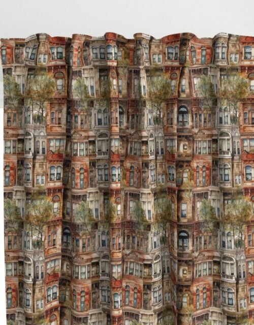 Brownstone Buildings in Varied Tones of Brown Watercolor Curtains