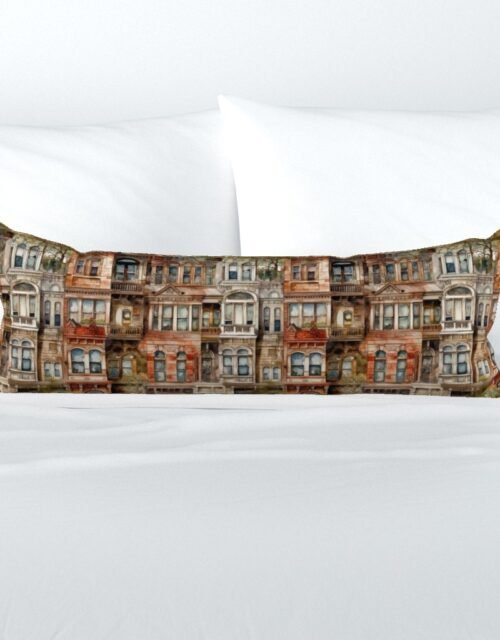 Brownstone Buildings in Varied Tones of Brown Watercolor Extra Long Lumbar Pillow