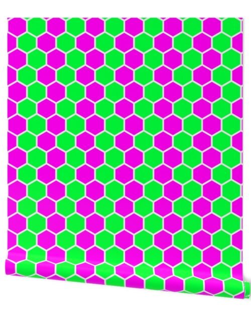 Honeycomb Hexagons in Neon Green and Pink Wallpaper