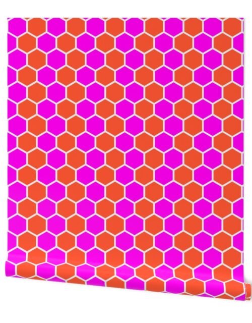 Honeycomb Hexagons in Neon Orange and Pink Wallpaper