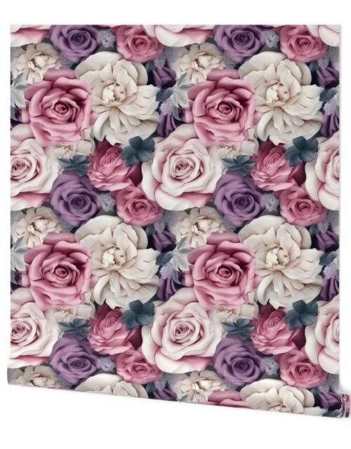 Densely Packed Jumbo Floral Rose Blossoms in Pink, Violet and White Wallpaper