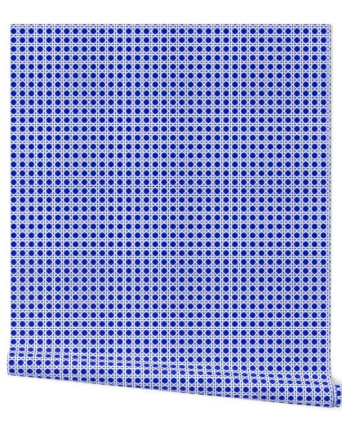 White on Cobalt Blue Rattan Caning Pattern Wallpaper