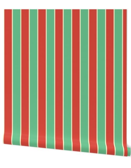 2 Inch Red Vermillion, Green and Yellow Gold Vintage Christmas Stripe Wallpaper
