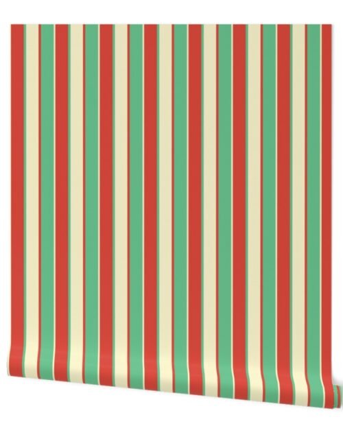 Small Alternating Red Vermillion, Green and Yellow Gold Vintage Christmas Stripe Wallpaper