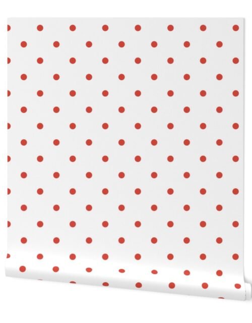 Red Vermillion Polka Dots on Vintage Christmas Snowy White Wallpaper