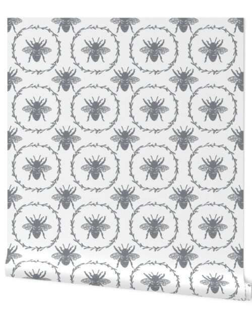 Large French Provincial Bees in Laurel Wreaths in Grey Blue on White Wallpaper