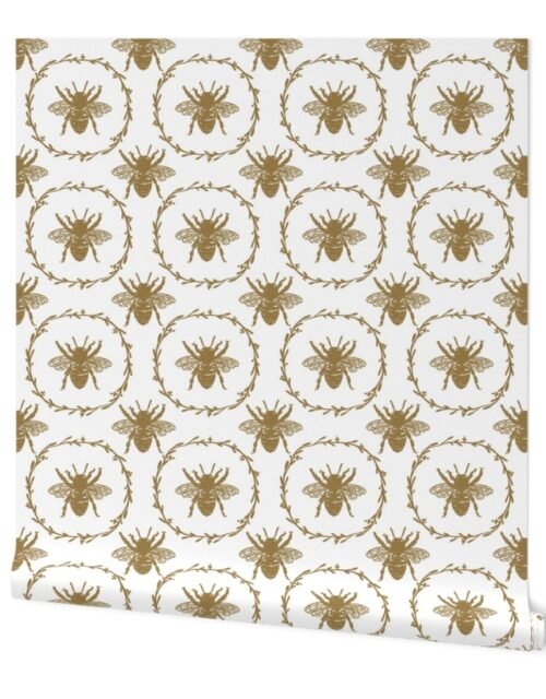 Large French Provincial Bees in Laurel Wreaths in Tan on White Wallpaper