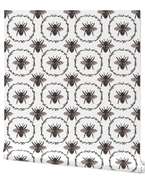 Large French Provincial Bees in Laurel Wreaths in Chocolate on White Wallpaper