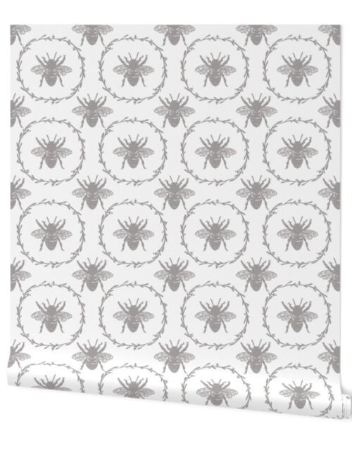 Large French Provincial Bees in Laurel Wreaths in Fawn on White Wallpaper