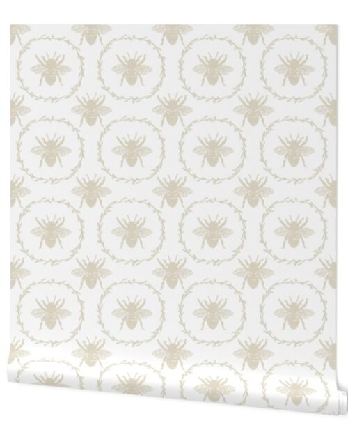 Large French Provincial Bees in Laurel Wreaths in Cream on White Wallpaper