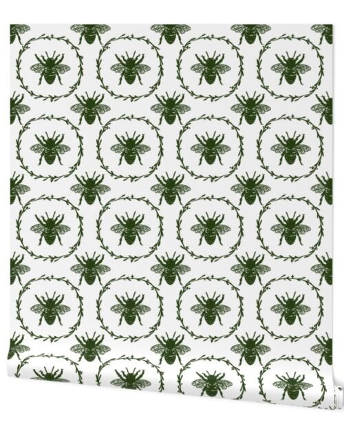 Large French Provincial Bees in Laurel Wreaths in Lichen Green on White Wallpaper