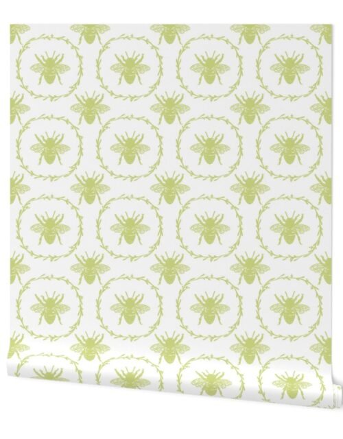 Large French Provincial Bees in Laurel Wreaths in New Green on White Wallpaper