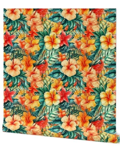 Bright Vintage Hawaiian Hibiscus Watercolor in Coral Orange Wallpaper