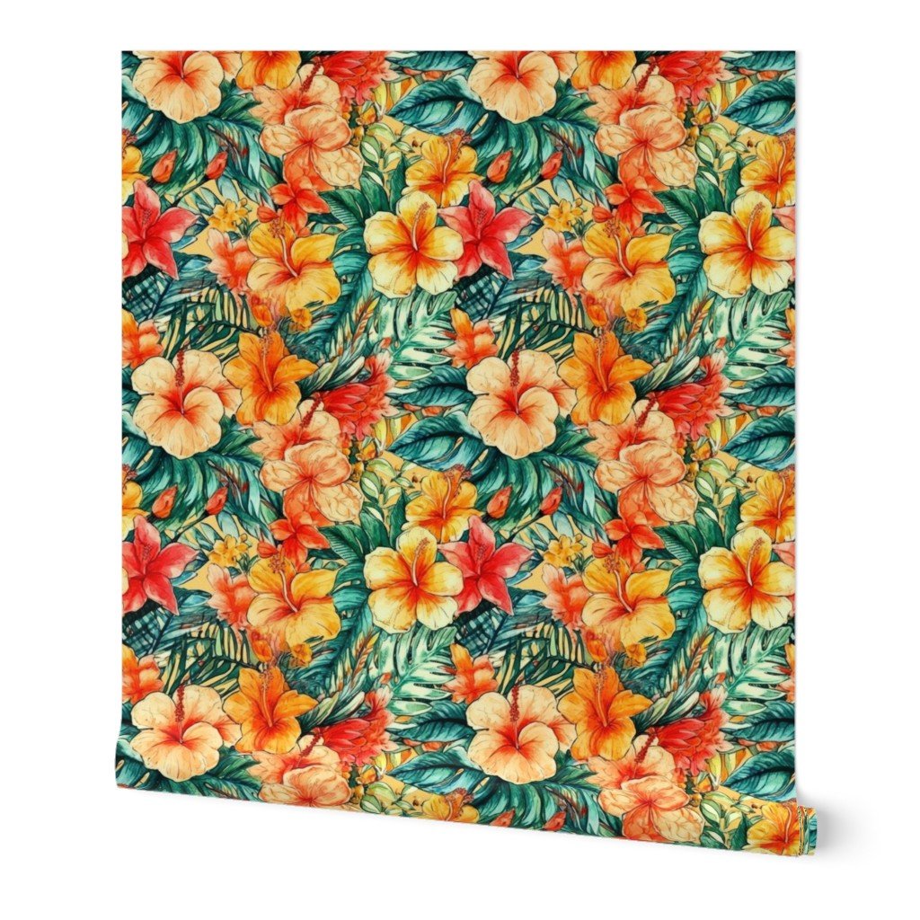 Bright Vintage Hawaiian Hibiscus Watercolor in Coral Orange Wallpaper