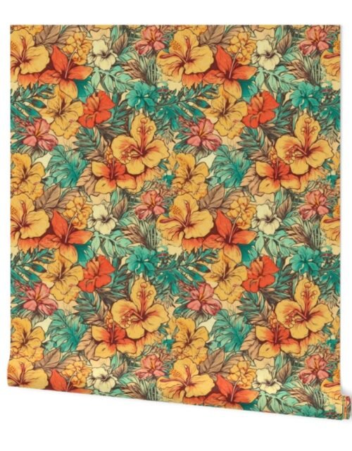 Soft Vintage Hawaiian Hibiscus Watercolor in Coral Orange Wallpaper