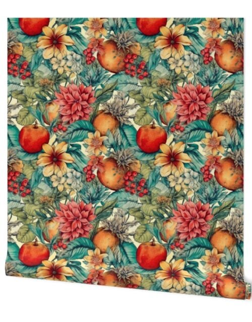 Bright Vintage Hawaiian Hibiscus Watercolor with Guava Fruits Wallpaper