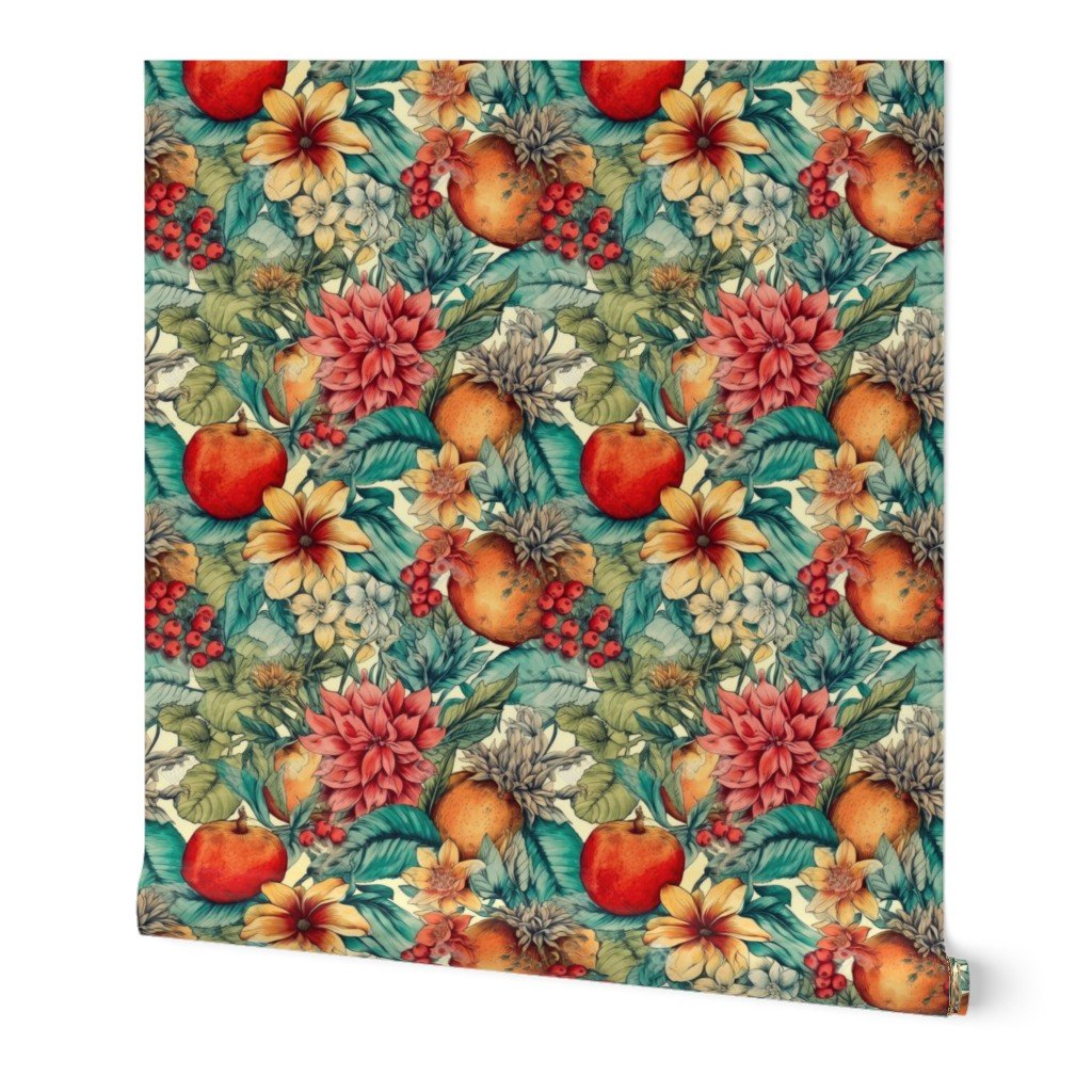 Bright Vintage Hawaiian Hibiscus Watercolor with Guava Fruits Wallpaper