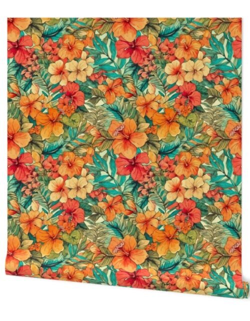 Bright Vintage Hawaiian Hibiscus Watercolor in Orange Wallpaper