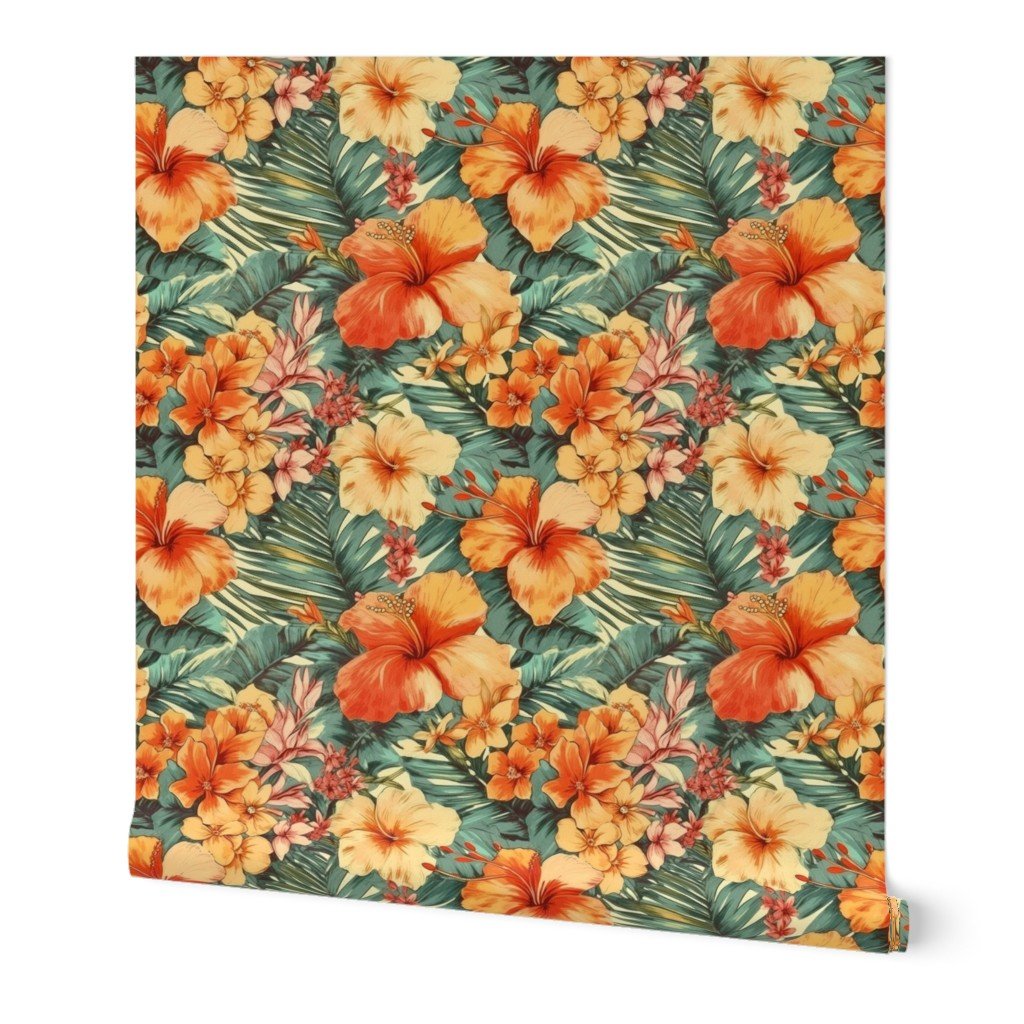 Bright Vintage Hawaiian Hibiscus Watercolor in Coral and Peach Wallpaper