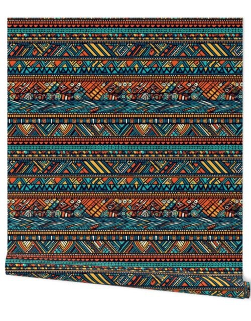 Tribal Mudcloth Boho Ethnic Print in Aqua, Teal, Gold and Orange Wallpaper