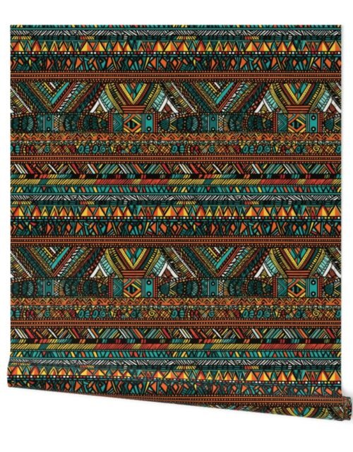 Tribal Mudcloth Boho Ethnic Print in Aqua, Teal, Gold and Orange Wallpaper