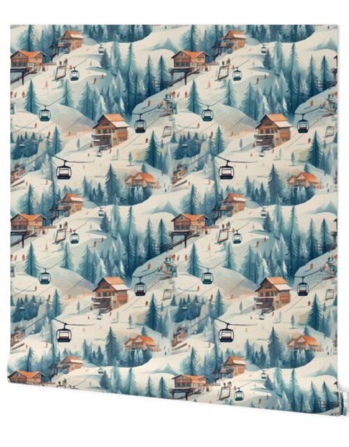 Vintage Ski Slope Cabins in Blue Woods Wallpaper